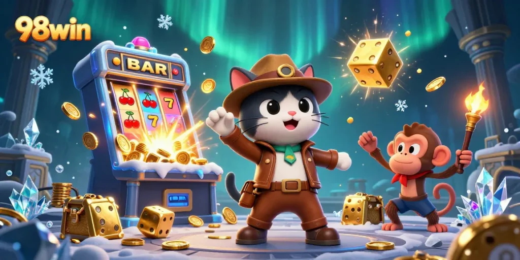 Experience thrilling gaming at 98win with vibrant scenes of jackpot excitement and dynamic gameplay.