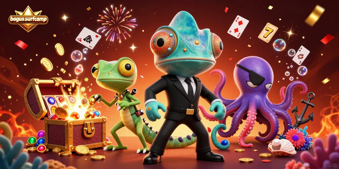 Experience the excitement of slots with the integrated illustration featuring bagus-surfcamp characters and vivid casino elements.