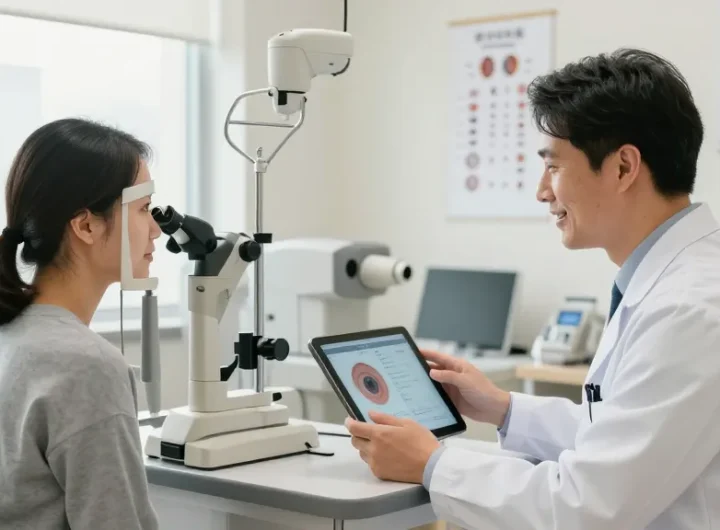 Personalized 시력교정 consultation with eye specialist in modern clinic setting, high-tech eye care equipment visible.