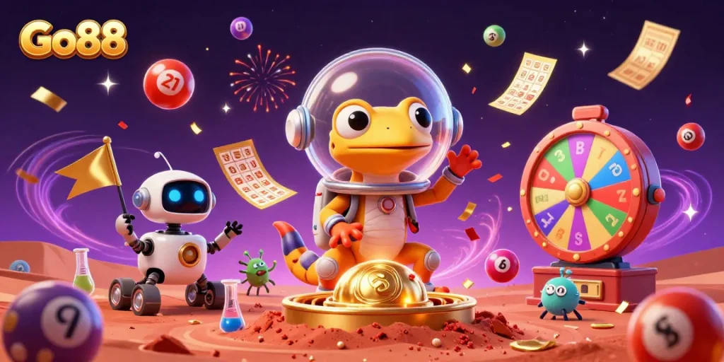 Experience thrilling gaming adventures with Go88 in a vibrant 3D cosmic casino illustration.