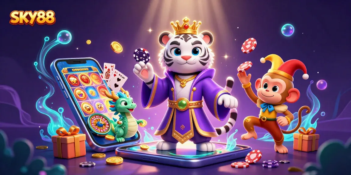 SKY88 presents an exciting casino scene with characters engaging in vibrant gambling activities.