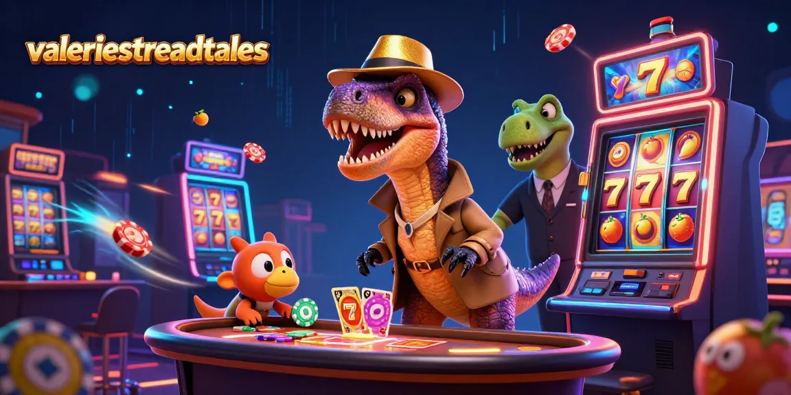 valeriesthreadtales unveils a cartoon velociraptor at a slot machine, surrounded by lucky symbols and fun