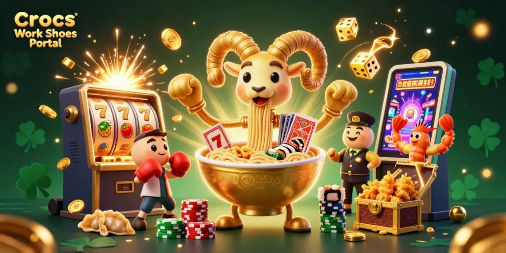 Crocs Work Shoes Portal showcases vibrant 3D casino illustration with a playful ramen bowl dealer and iconic slot machine elements.