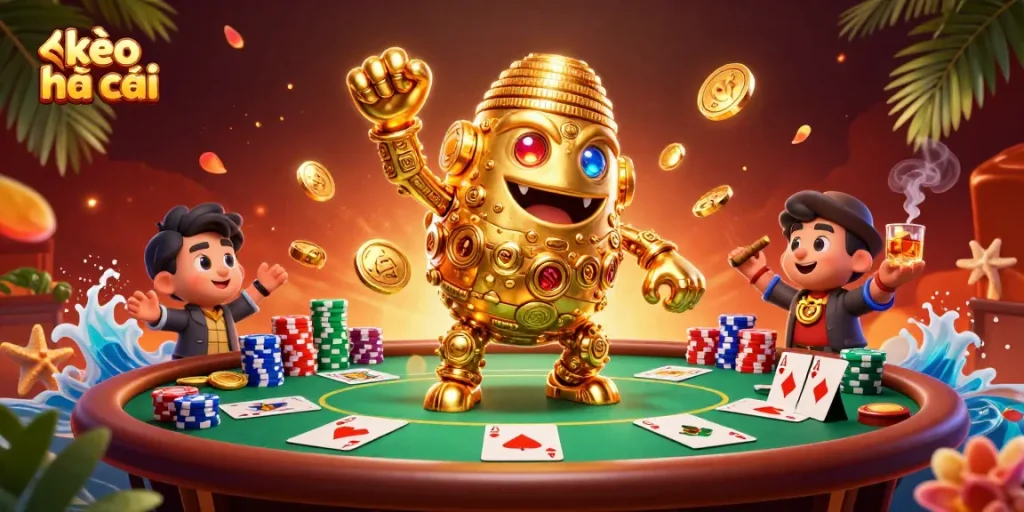 Engage in thrilling kèo nhà cái action with a golden golem and poker elements.