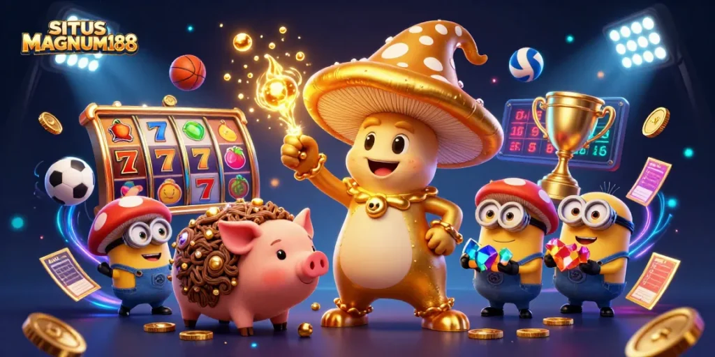 Engage with the thrilling experience of SITUS MAGNUM188 showcasing a lively atmosphere filled with golden magical elements and dynamic gaming features.