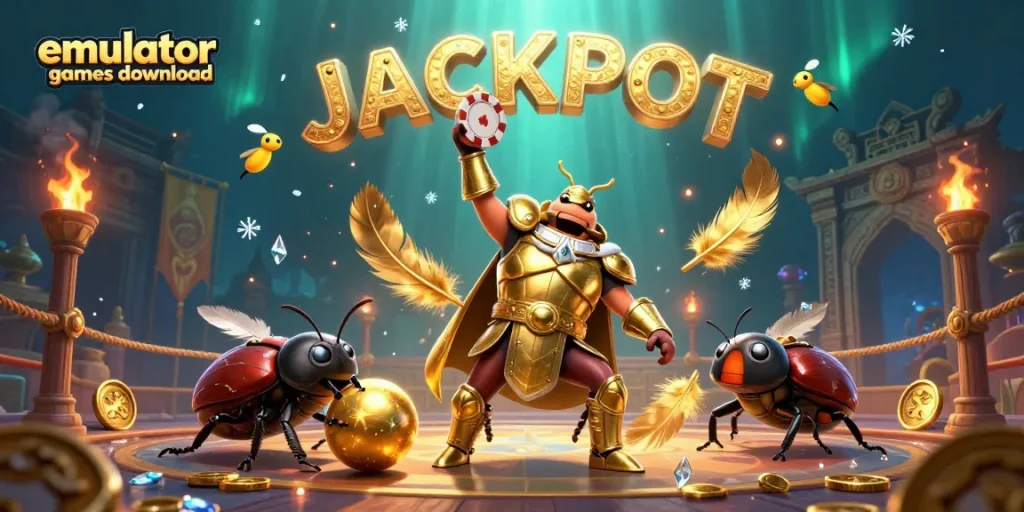 Experience the excitement of emulator games download, featuring a victorious beetle, golden tokens, and fireflies spelling JACKPOT.