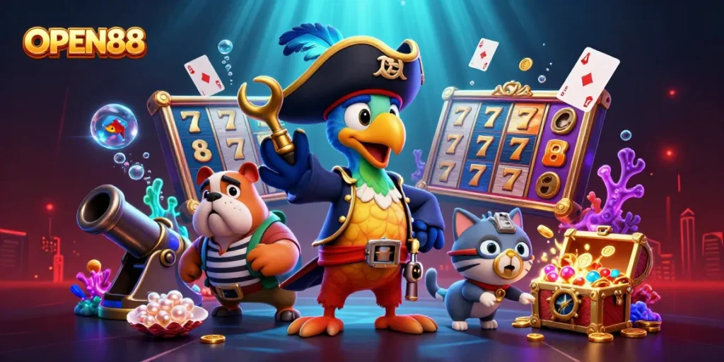 Open88 showcases an exciting cartoon scene with a pirate captain and gambling elements, celebrating fun and fortune.