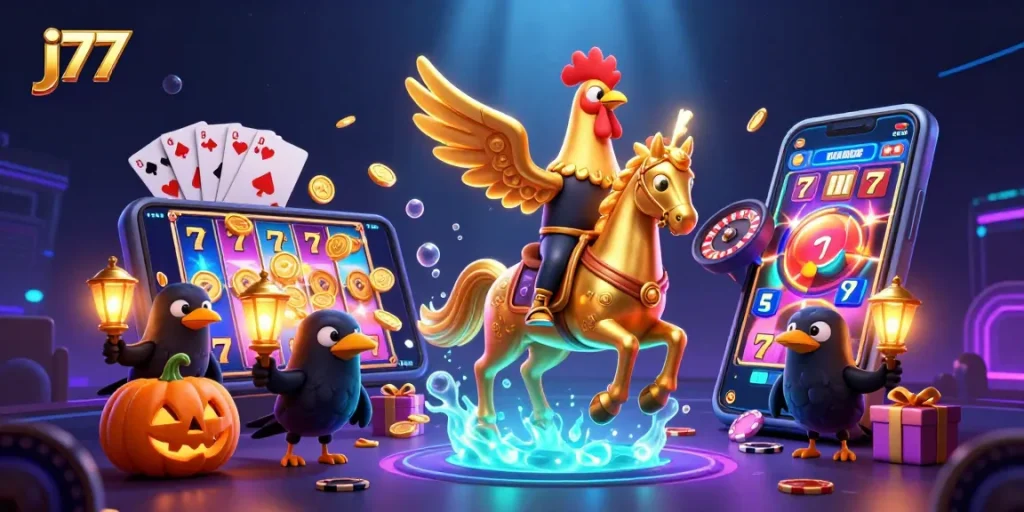Win big at j77 with a golden rooster and his companions in a vibrant casino scene.