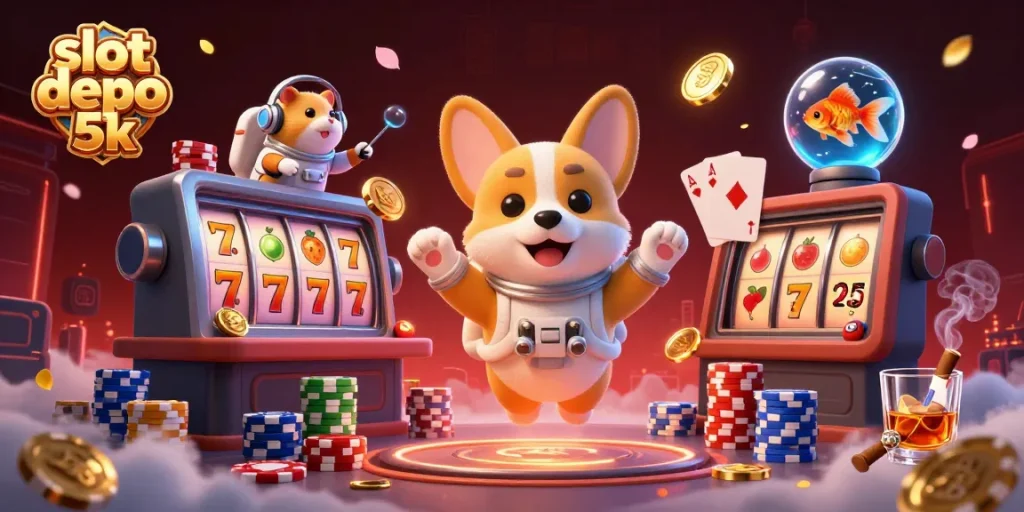 Spin and win at slot depo 5k with an astronaut corgi in a vibrant casino illustration.