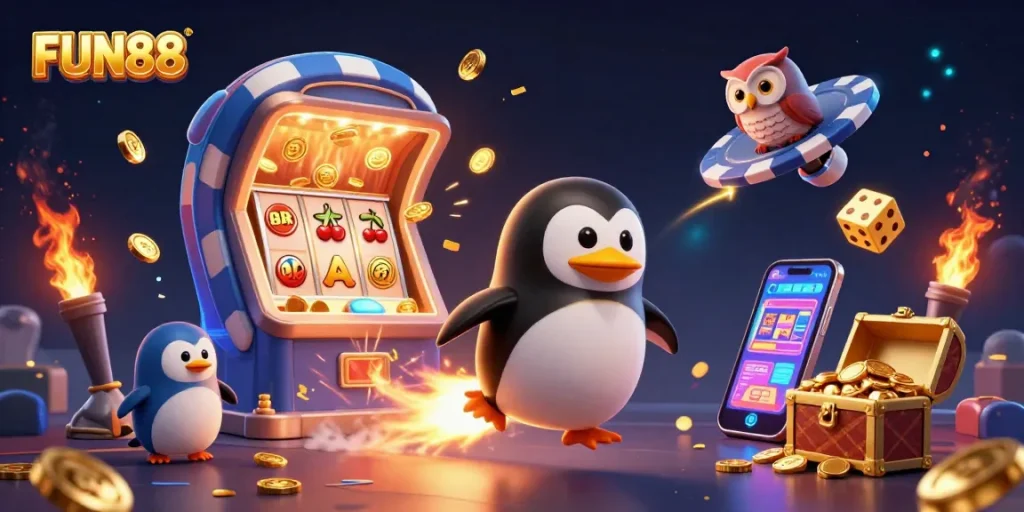 Experience the excitement of FUN88 with a dazzling 3D illustration featuring a jackpot-exploding slot machine and vibrant casino elements.