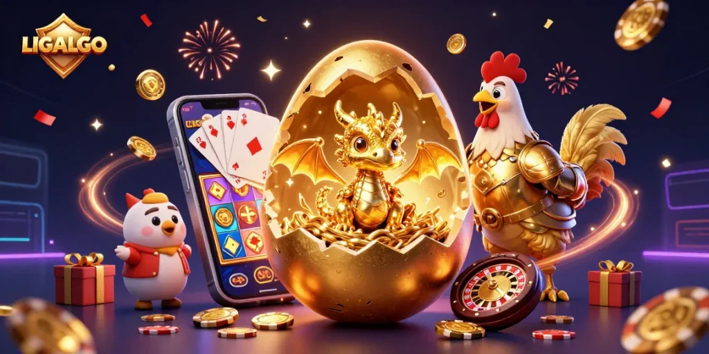 LIGALGO showcases a vibrant 3D scene with a golden dragon and casino elements, symbolizing rich gaming experiences.