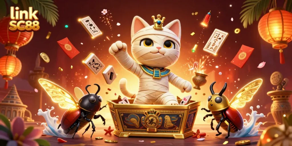 Experience the excitement of link SC88 with a vibrant pyramid casino scene featuring a mummy cat and glowing scarab.