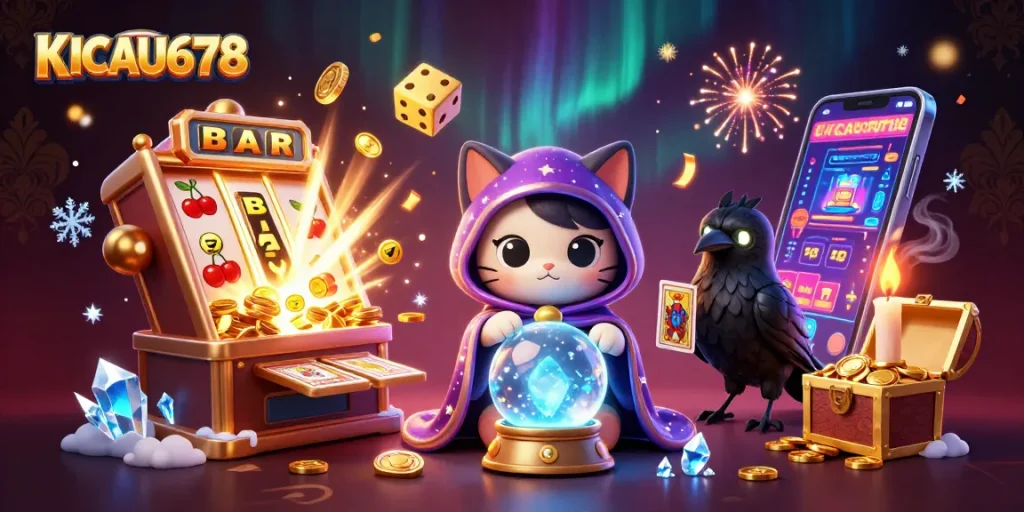 KICAU678 brings casino magic with a fortune teller cat, tarot raven, and slot machine jackpot.