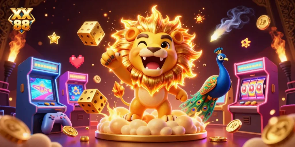 Experience the thrill of XX 88’s roaring lion mascot among dazzling game elements.