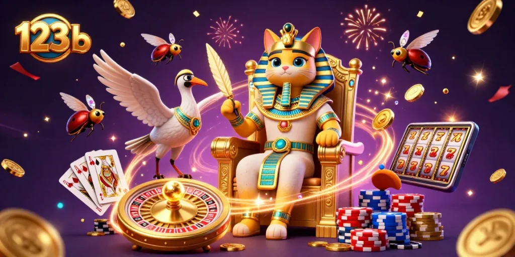 Win big with 123 b in a vibrant casino scene, featuring golden treasures and dynamic game elements.