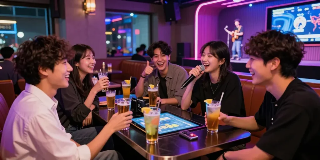 인천쓰리노에서 친구들과 함께 노래를 부르며 즐거운 시간을 보내는 모습