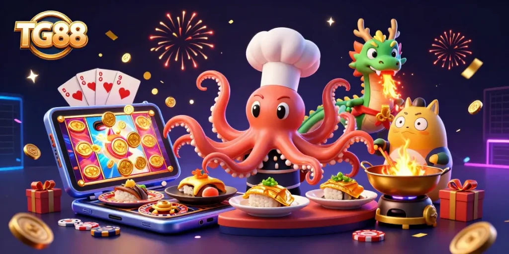 Win big with TG88 as colorful slot games and a sushi-themed scene burst with excitement