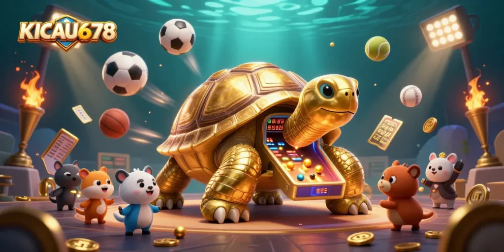 KICAU678 offers an exciting gaming experience with a dynamic scene of a golden tortoise pinball machine and sports elements
