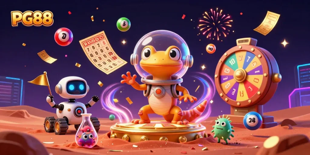 Join the excitement at PG88 with a Martian gecko discovering a golden casino in a vibrant cosmic celebration!