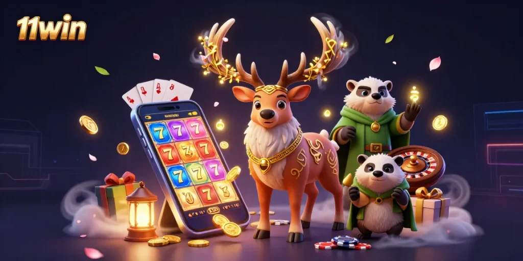 Experience thrilling gameplay with 11WIN's vibrant 3D casino illustration featuring action-packed casino elements.