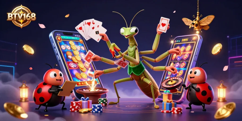 Engage in captivating gaming at BTV168 with a vibrant casino scene showcasing action-packed elements.