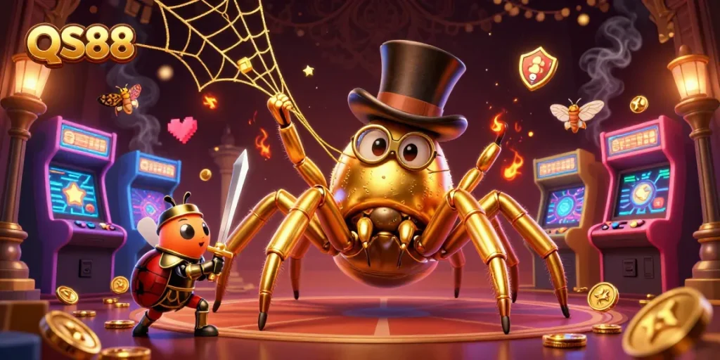 Engage with QS88 at the vibrant casino scene featuring golden characters amidst arcade games.