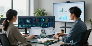 Data analyst at https://factors.org.uk reviewing colorful data visualizations in a modern office.