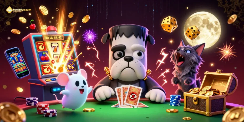 beautifulsouth showcases a thrilling 3D casino scene with a Frankenstein bulldog and magical elements.