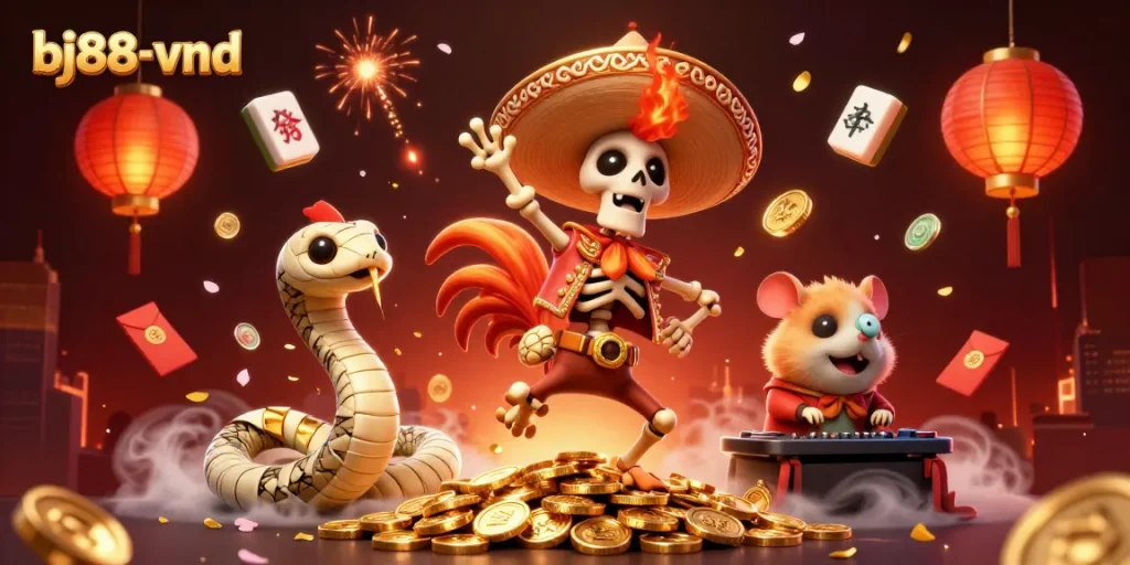 Experience the excitement of bj88-vnd with a vibrant 3D illustration showcasing a celebration of casino animations.