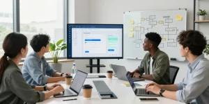 Engaged professionals building internal tools with AI in a collaborative workspace.