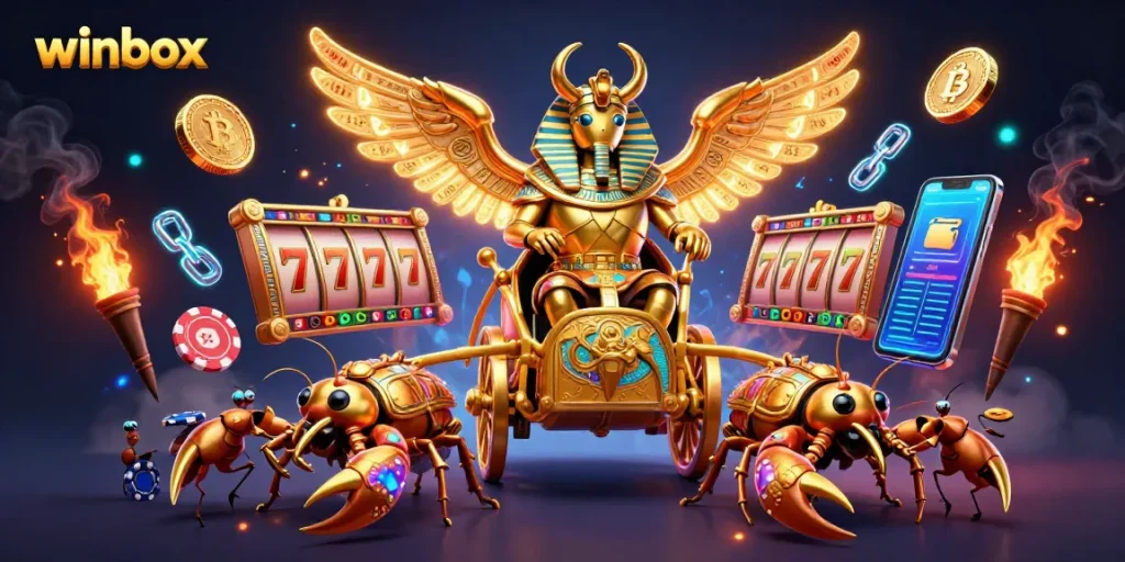 Engage in thrilling slots action at winbox with a vibrant golden scarab beetle illustration.