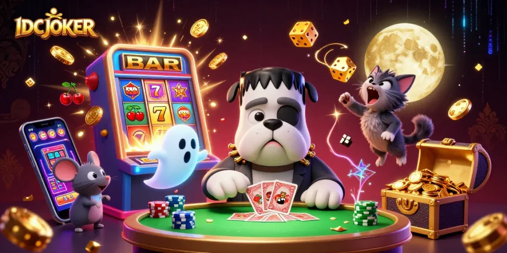 IDCJOKER showcases a vibrant 3D casino scene with a monster dealer, slot machine, and festive elements.