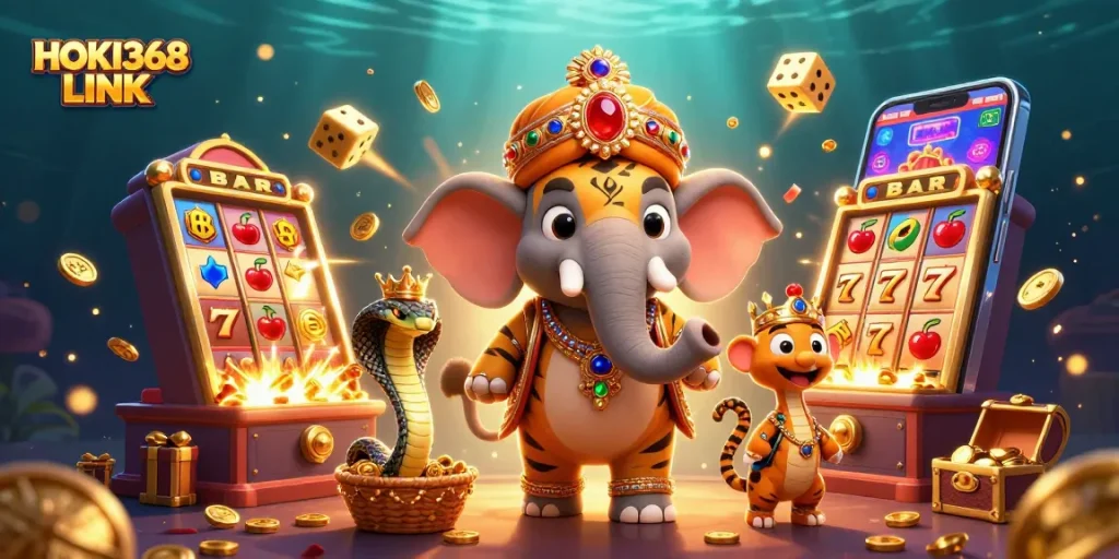 Experience HOKI368 LINK with a vibrant casino scene featuring a royal tiger and treasure galore.