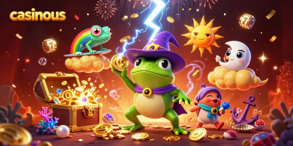 Experience the thrill of winning at casinous with a vibrant 3D illustration of a magical casino adventure.