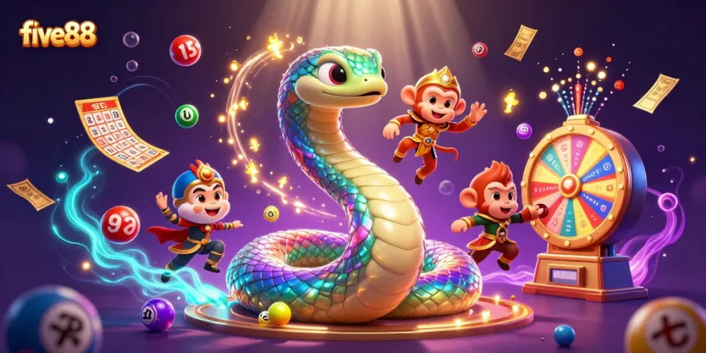 Engage with five88's thrilling lottery action featuring vibrant elements and characters in a magical scene.