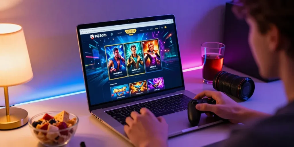 Enjoying akses login wd138 experience on a laptop with exciting slot games graphics and snacks around.