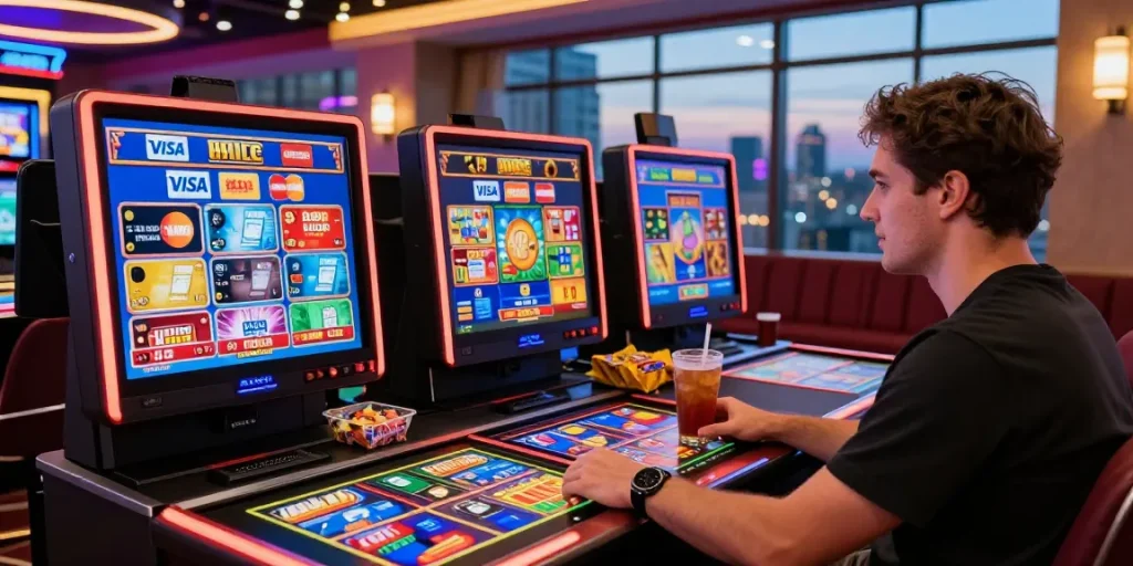 Exciting credit card casinos UK player enjoying online slots with major card options displayed, vibrant casino atmosphere.