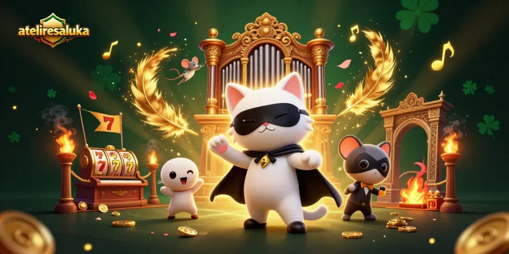 Experience thrilling gaming at ateliersaluka with a mystical cat playing organ, surrounded by vibrant casino elements.