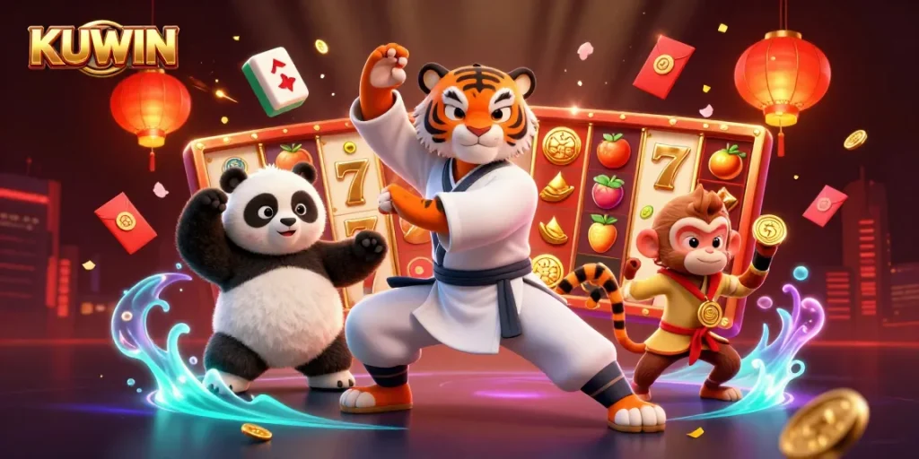 Engage with KUWIN for a thrilling slot experience featuring vibrant characters and festive casino elements.