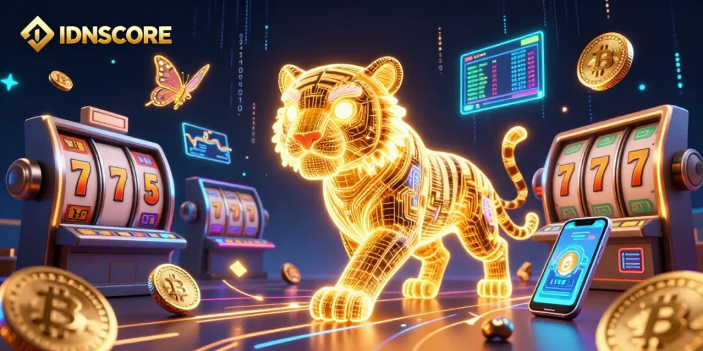 Experience the vibrant world of IDNSCORE, featuring 3D neon elements and a golden tiger in a slot casino setting.