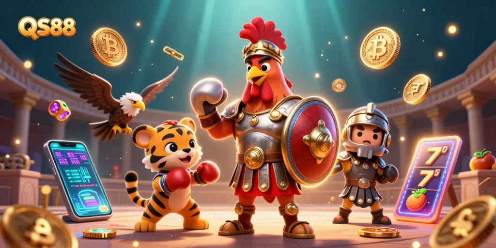 Experience thrilling wins with QS88 in this dynamic casino illustration featuring crypto and slot elements.