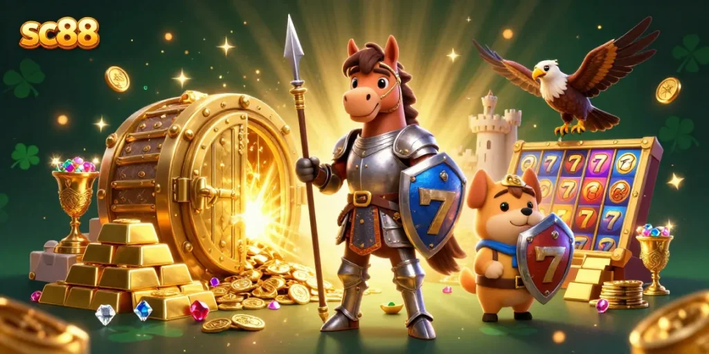 Engage with sc88's thrilling casino experience featuring knights and treasure in a vibrant scene.