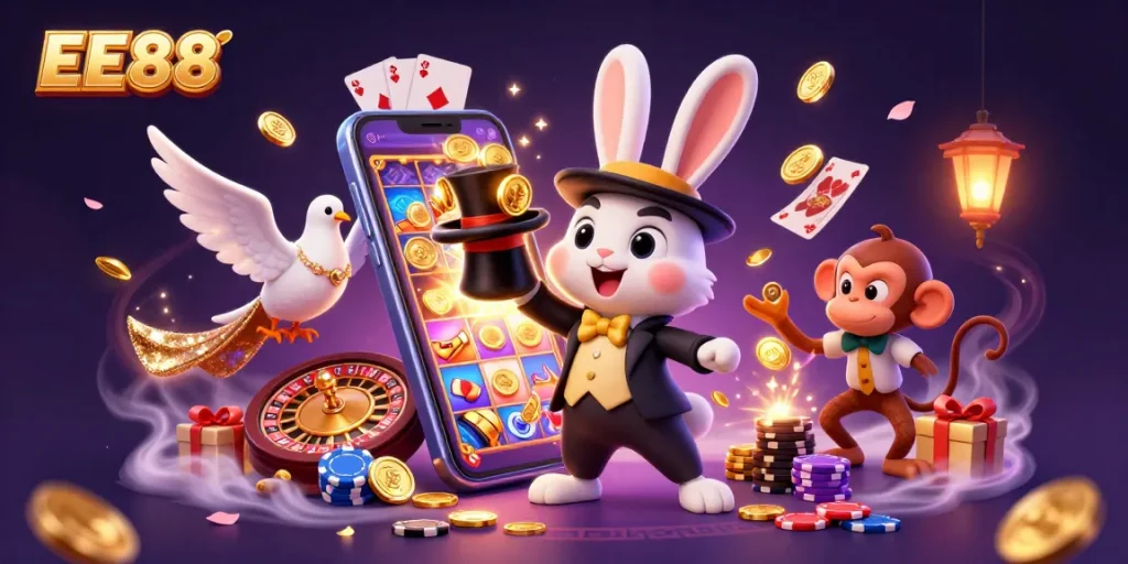 Engage with EE88 in this vibrant 3D illustration showcasing casino magic and excitement.