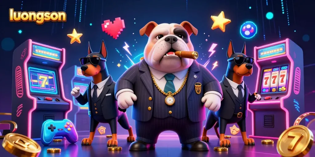 Dynamic luongson scene with a cartoon mafia bulldog boss, neon gaming elements, and slot machines.
