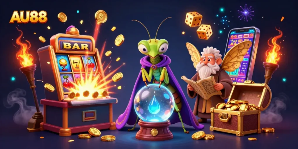 Experience winning strategies at AU88 with a vibrant casino-themed 3D illustration full of excitement.