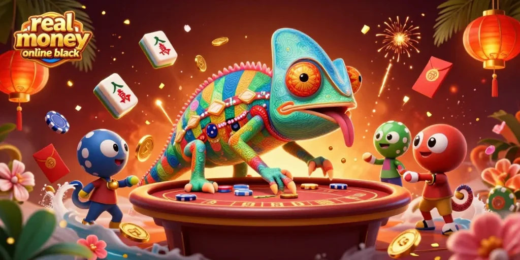Engaging gameplay at real money online blackjack with vibrant casino elements and an animated chameleon.