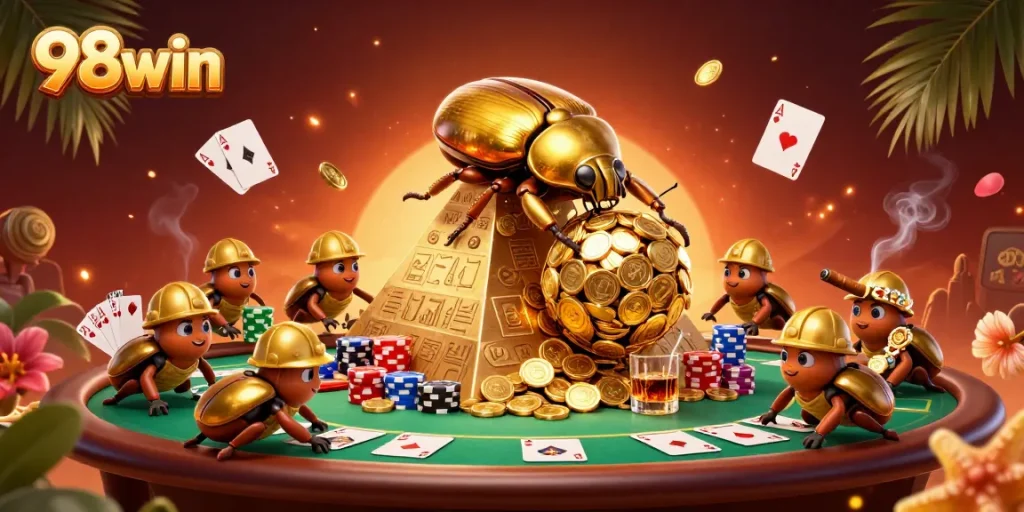 Experience the excitement of 98win as golden beetles celebrate casino riches in a vivid, dynamic scene.