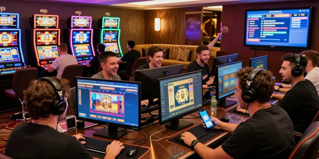 Players enjoying various games at non UK casinos not on Gamstop, showcasing vibrant atmosphere and modern gaming