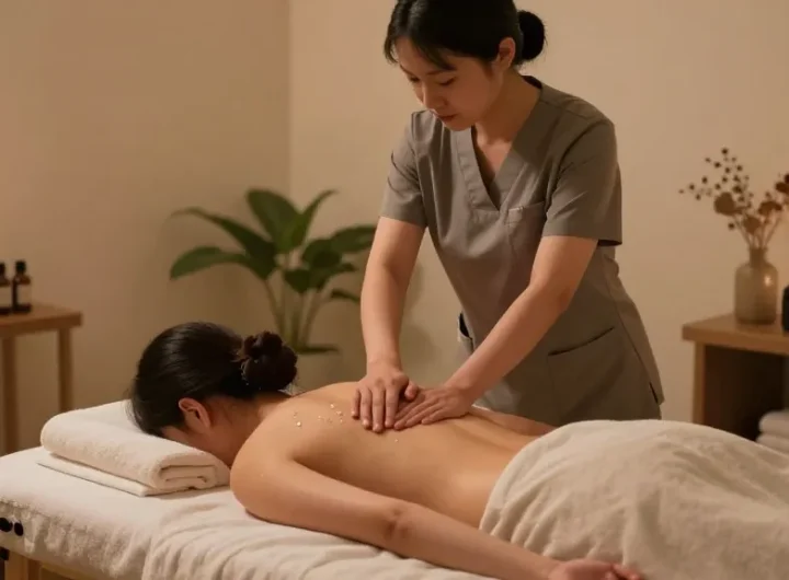 1인샵에서 아로마 마사지 중인 전문가와 고객의 모습, 아늑한 인테리어와 따뜻한 조명으로 편안한 분위기 조성.