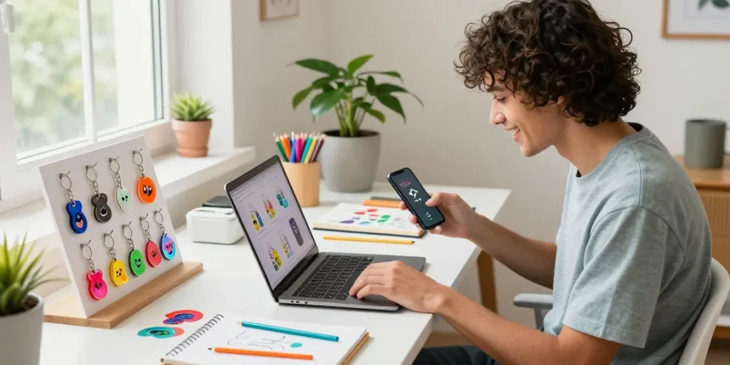 Custom keychains displayed in a stylish home office while a young adult shops online, highlighting vibrant, personalised designs.